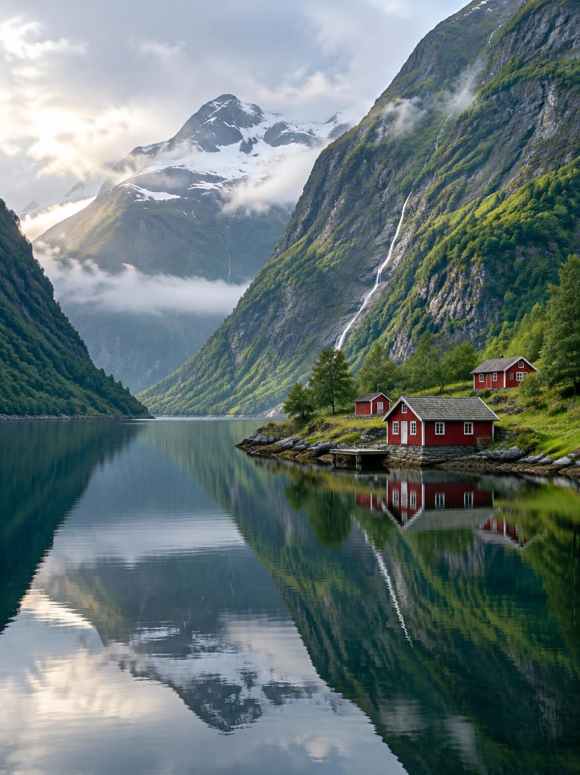 Norwegian fjord with steep mountains and calm water