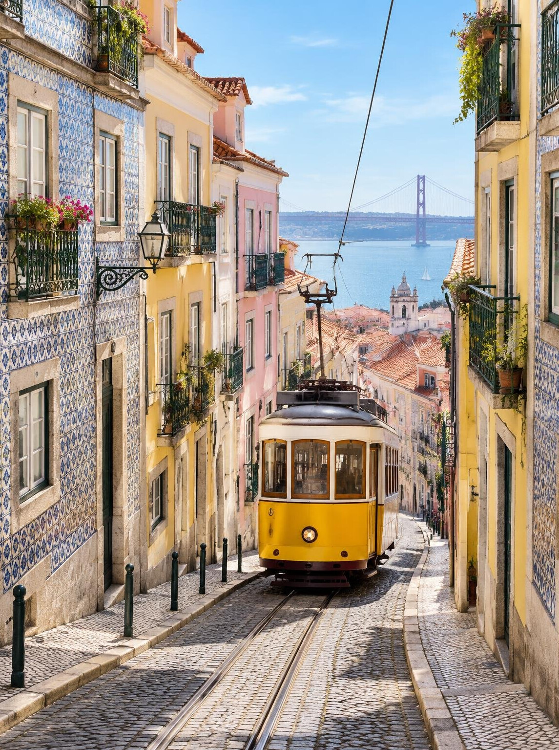 Lisbon colorful streets with historic tram