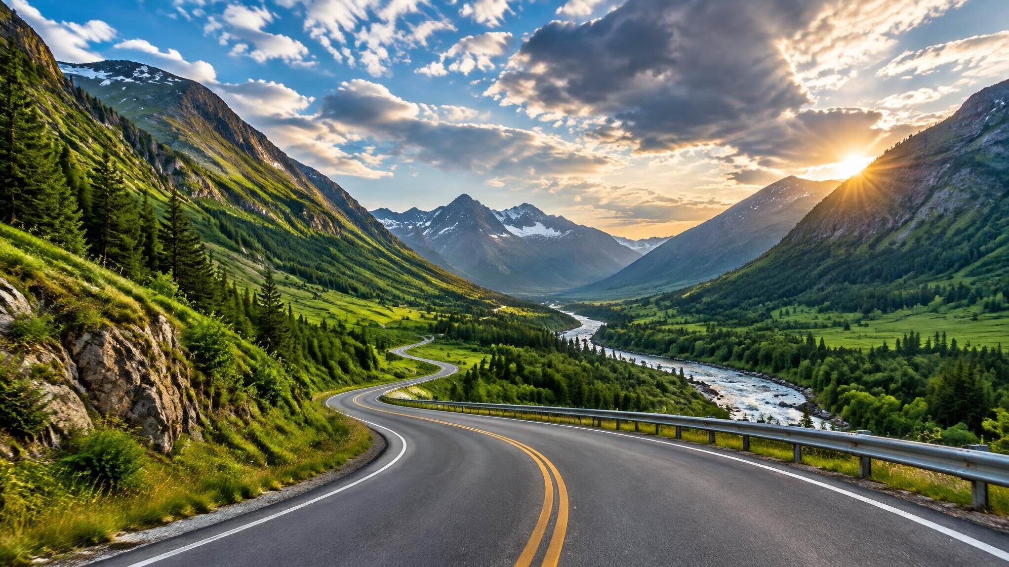 Scenic road trip route winding through mountain valley