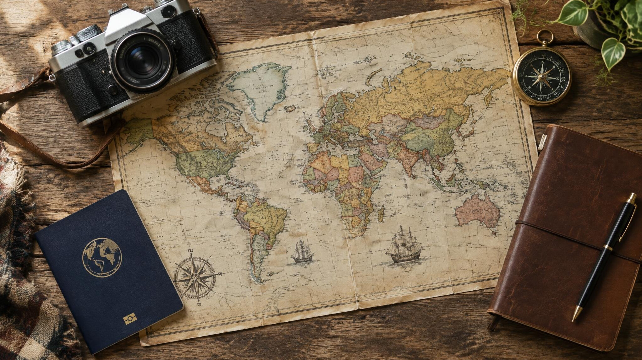 Travel map, camera and notebook on a wooden table