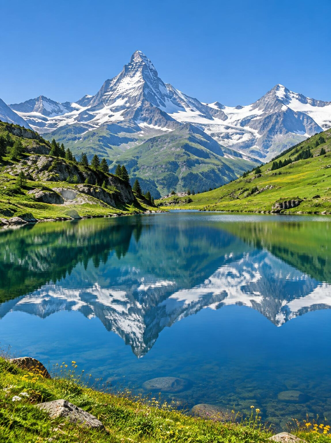 Swiss Alps mountain lake with snowy peaks