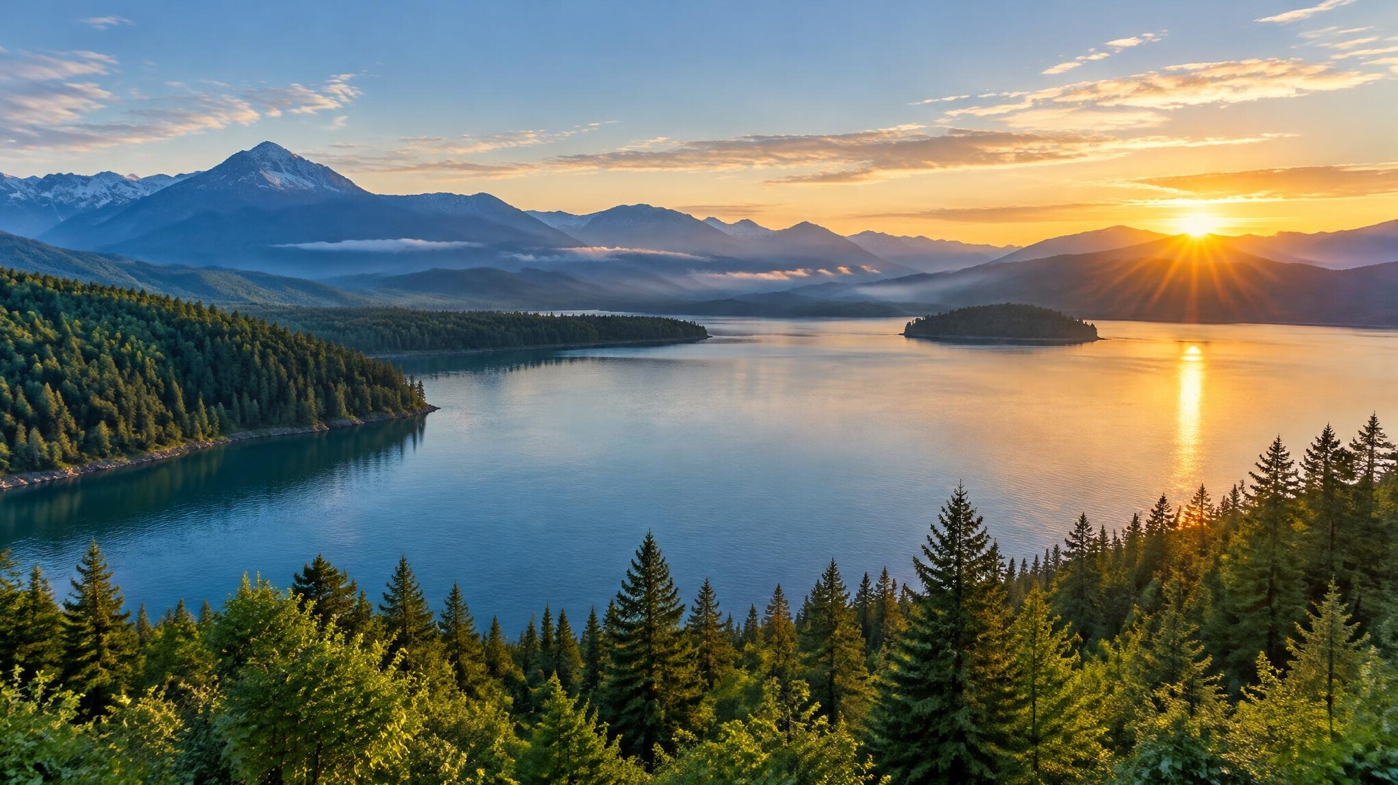 Wide landscape of mountains and lake at sunrise