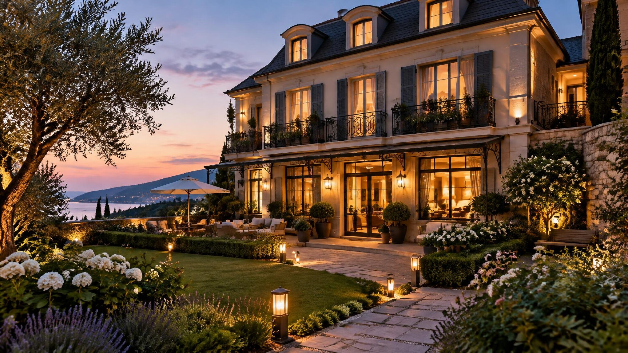 Boutique hotel exterior with garden in the evening