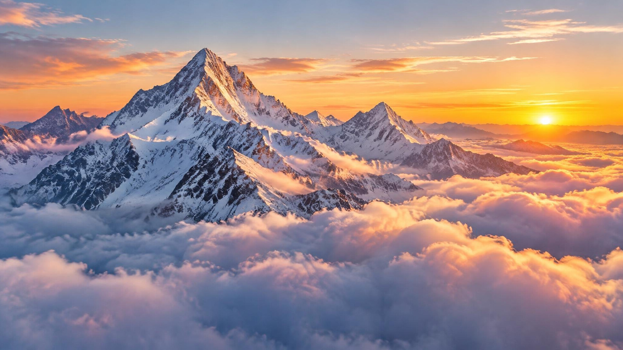 Snow-covered mountain peaks above clouds