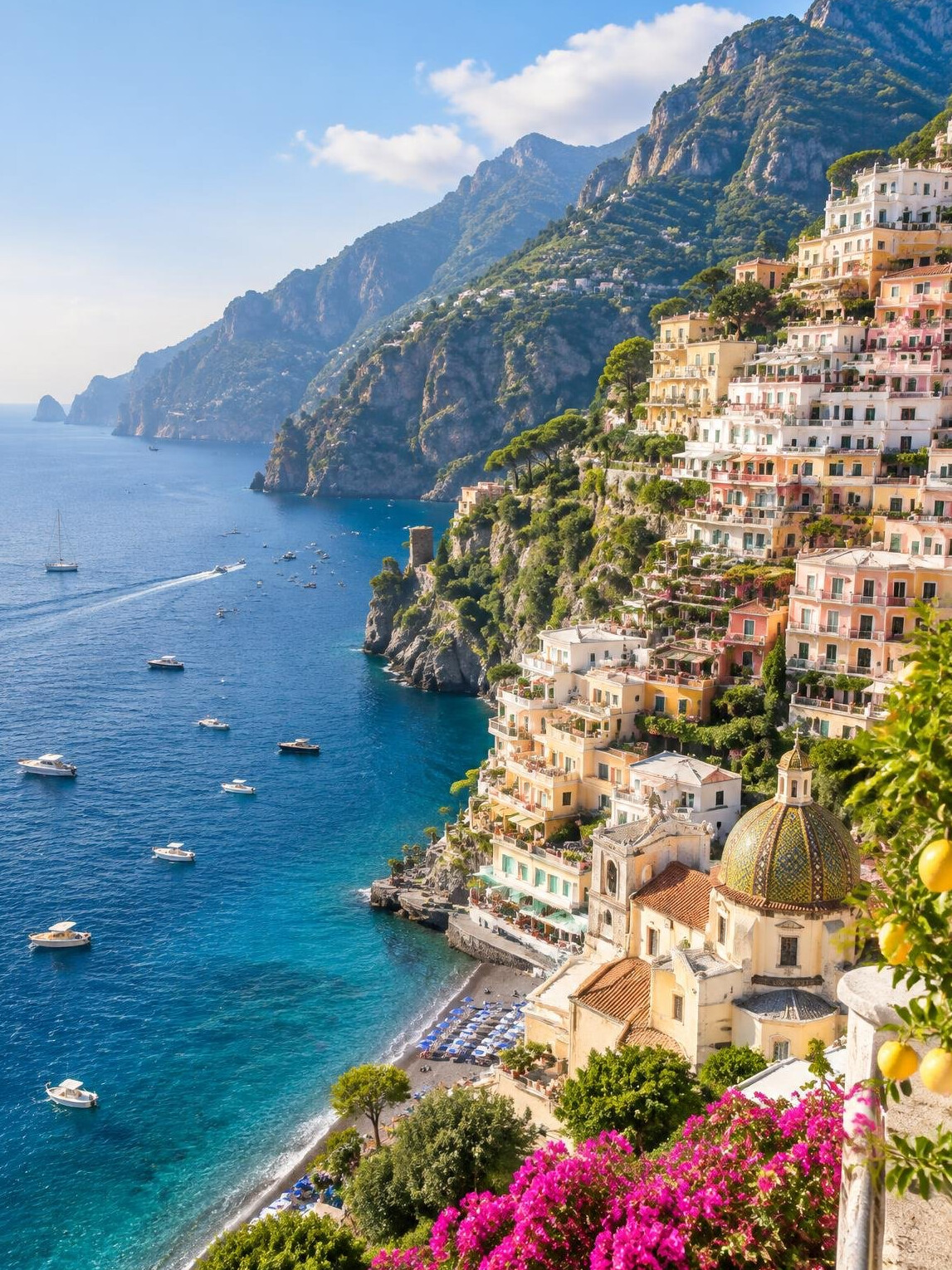 Amalfi Coast colorful village on cliffs above blue sea