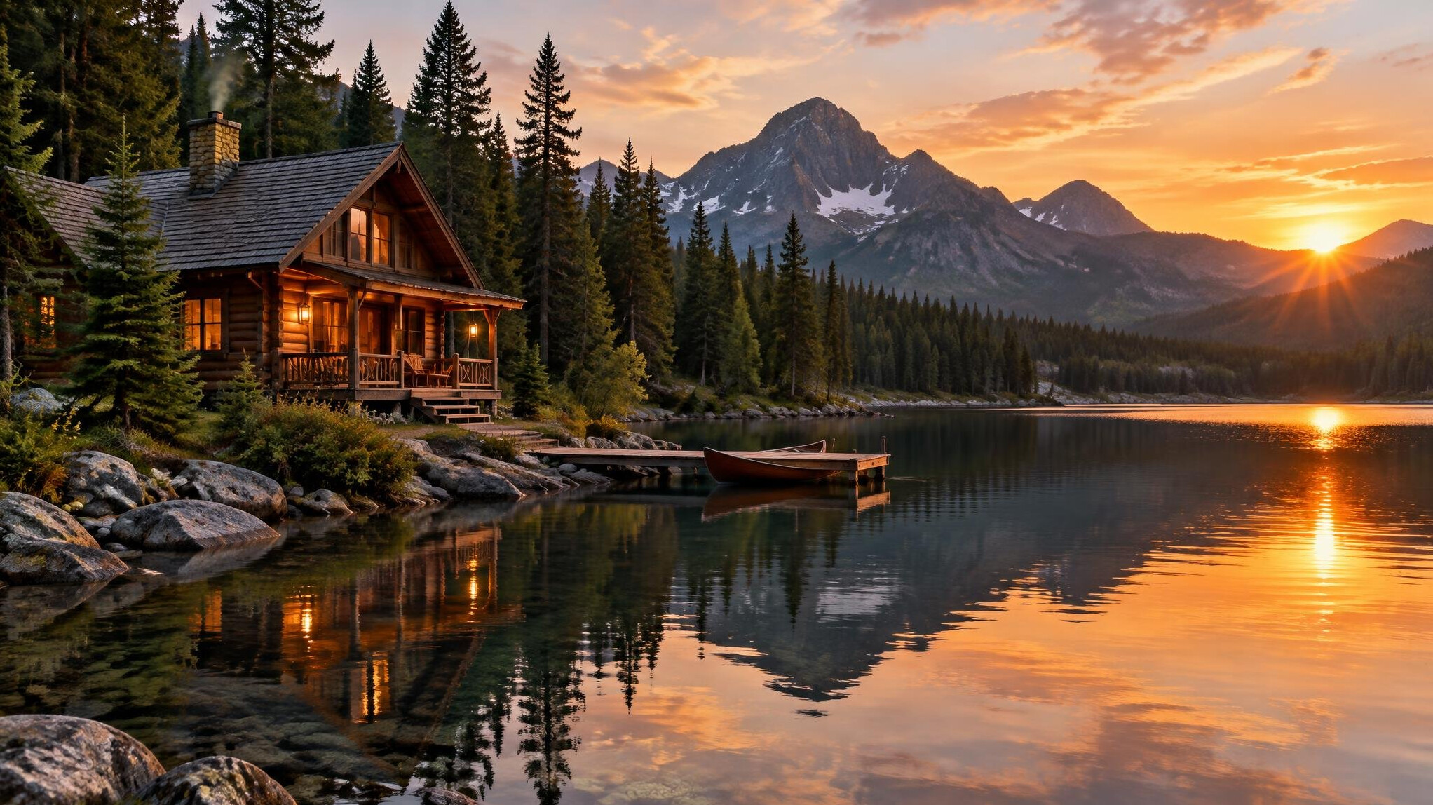 Wooden cabin by a mountain lake at sunset