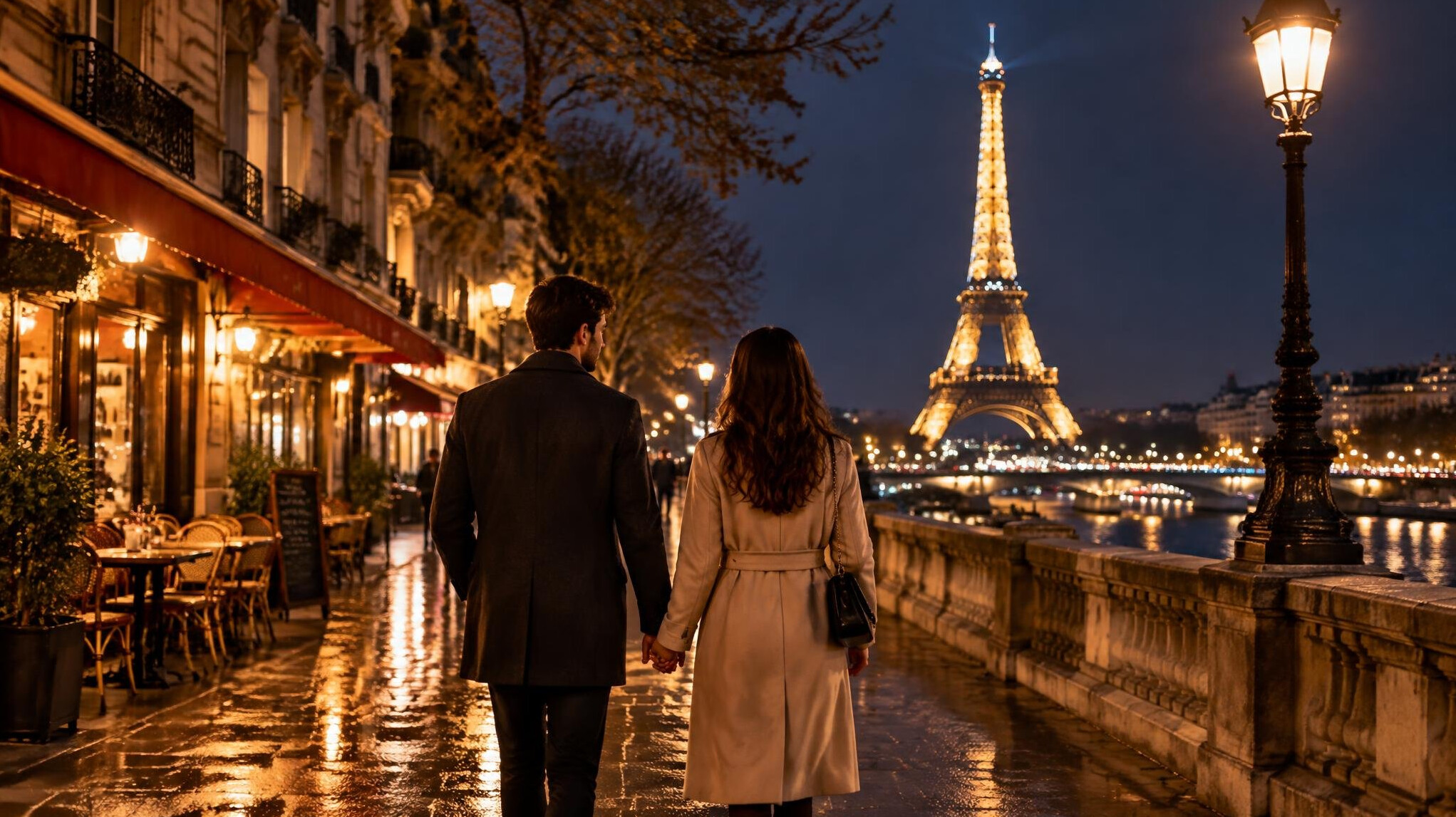 romantic couple walking in paris street